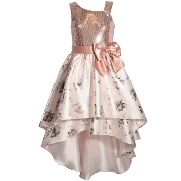 Bonnie Jean | Dresses | Bonnie Jean Girls 76 Bronze Sequins Blush Floral  Mikado Highlow Dress | Poshmark